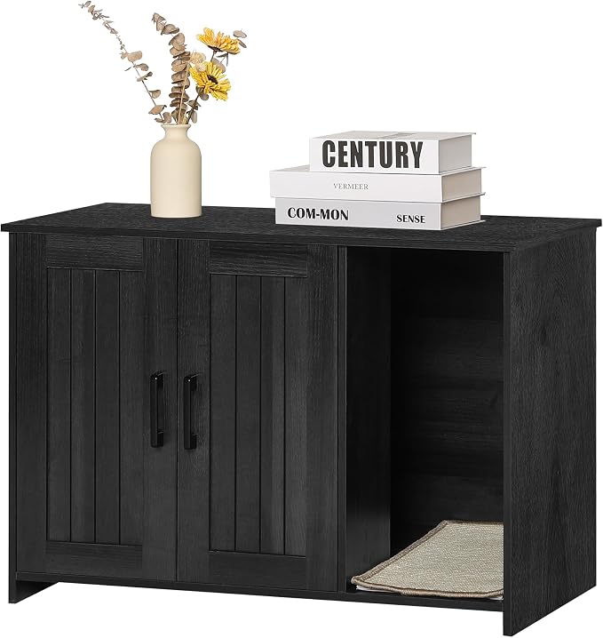 Dwanton Litter Box Enclosure, Cat Litter Box Furniture Hidden, with Scratching Mat, Wooden Cat Washroom Indoor, 31.5" L x 19.7" W x 21.7" H, Dark Gray