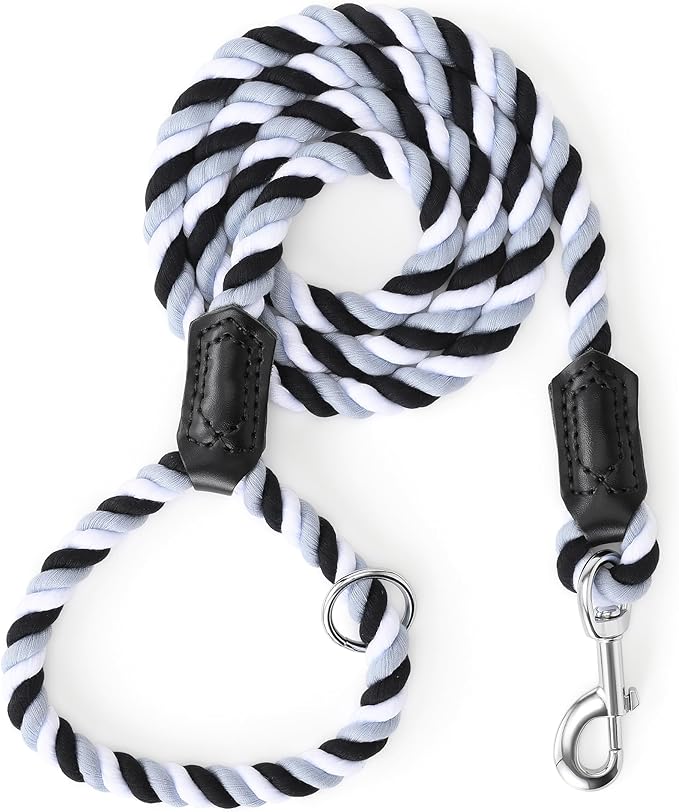 Mile High Life Rainbow Dog Leash Braided Cotton Rope w Leather-Wrapped Ends | Rust-proof 360° swivel clasp, Heavy-duty for medium/large breeds. Great for weddings, daily walks (4FT, 1/2", Black/Gray)
