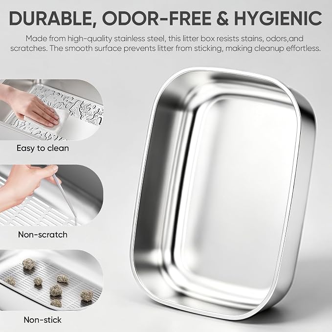 Stainless Steel Sifting Litter Box with Lid | 3-Second Cleanup, No Scooping Needed ,Premium Stainless Steel, Odor & Non-Stick,High-Density Sifting, Saves 30% Litter