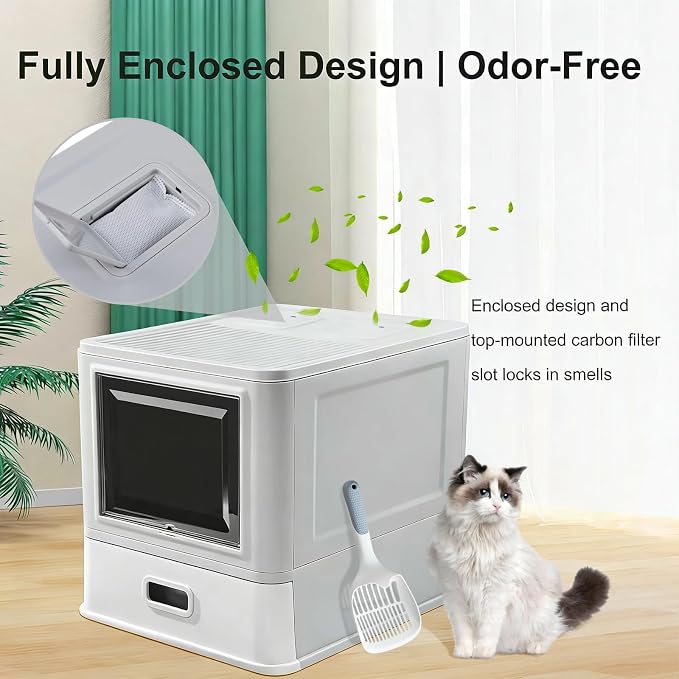 Marchul Enclosed Stainless Steel Cat Litter Box with Lid & Drawer Design for Indoor All Lifestyles Cats, Metal Covered Cat Litter Box, Baffles for Anti-Leakag, with Litter Scoop & Litter Mat