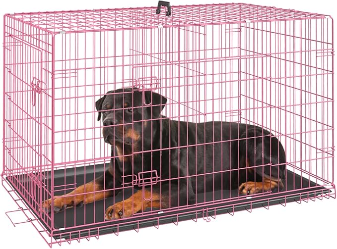 FDW Dog Crate for Large Dogs 42 Inch Folding Metal WirePet Cage Double Door W/Divider Panel Indoor Outdoor Kennel Leak-Proof Plastic Tray,Pink