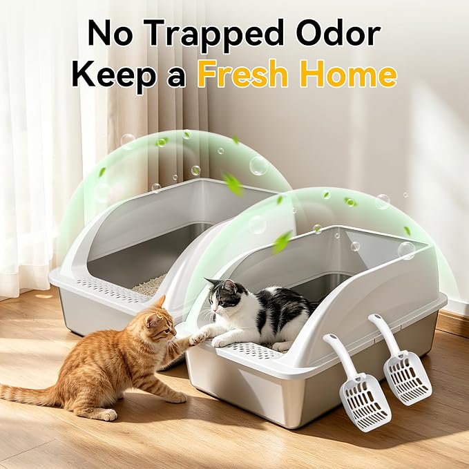 2-Pack XL Stainless Steel Cat Litter Box for Large Multi-Cat, Gray | High Sides, Extra Large Tall Wall Open Top Deep Metal Pan, Anti-Leak Non-Stick Odor Control, 2 Scoops Included