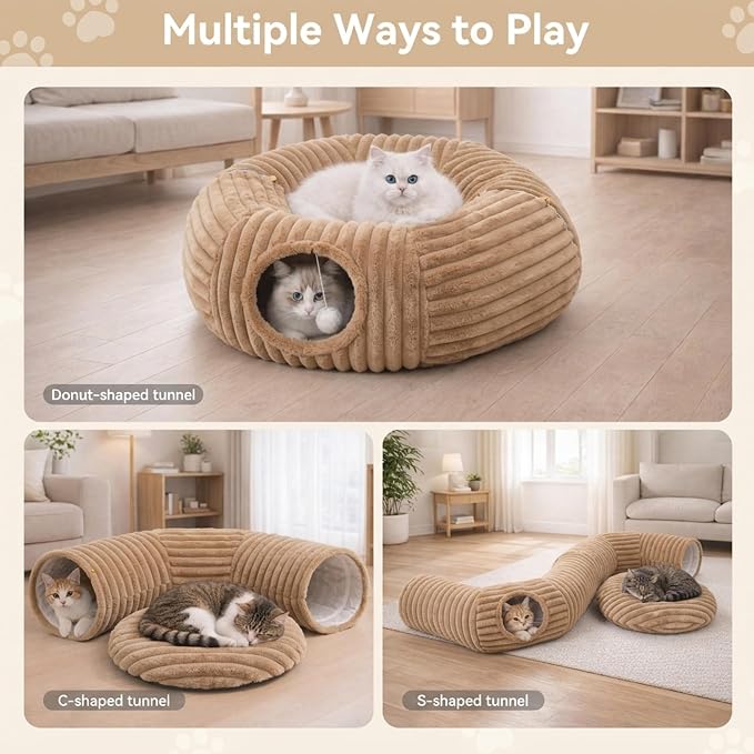 Cat Tunnel Bed Cave - Washable Cushion for Indoor Cats, Peekaboo Hideaway Cave for Indoor Cats, Kittens, Puppies, Rabbits, Luxurious Striped Hare-Feel Fabric, Tunnels for Indoor Cats Large(Khaki)