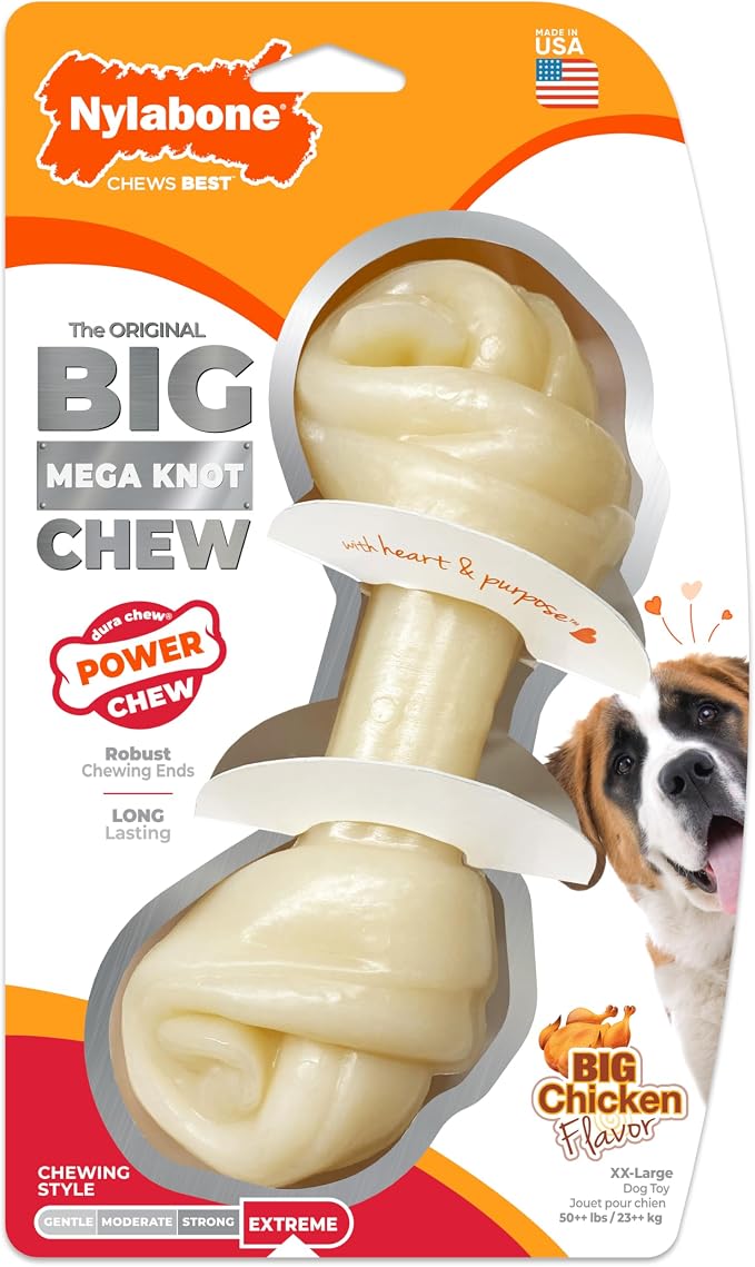 Nylabone Power Chew Mega Knot Bone Dog Chew Toy, Chicken Flavor, X-Large | Durable dog toys for aggressive chewers, long lasting, discourages destructive chewing, for dogs 50+ lbs, flavor throughout
