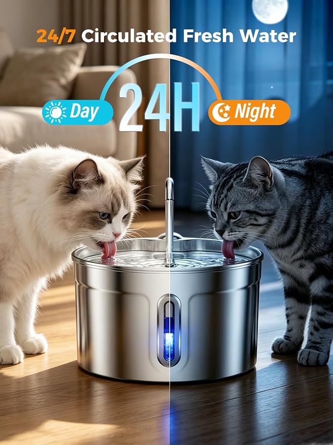 Stainless Steel Cat Water Fountain - 74oz/2.2L Ultra-Silent | 2 Filters Included, Visible Water Level, Dishwasher Safe, for Indoor Cats & Small Dogs