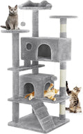 DUMOS 54 Inch Cat Tree Tower with Scratching Posts | Indoor Multi-Level Pet House for Large Cats with 2 Condos, Round Platform, Small Ladder and Toys, Light Grey