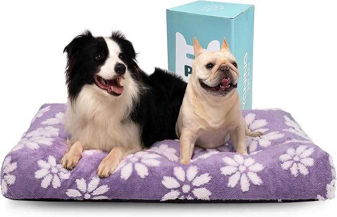 Cute Fluffy Dog Beds for Extra Large Dogs, 41"x 28", Purple Flower | Thick Dog Bed for Crate Kennel, Pet Bed with Removable Washable Cover, Anti-Slip Bottom