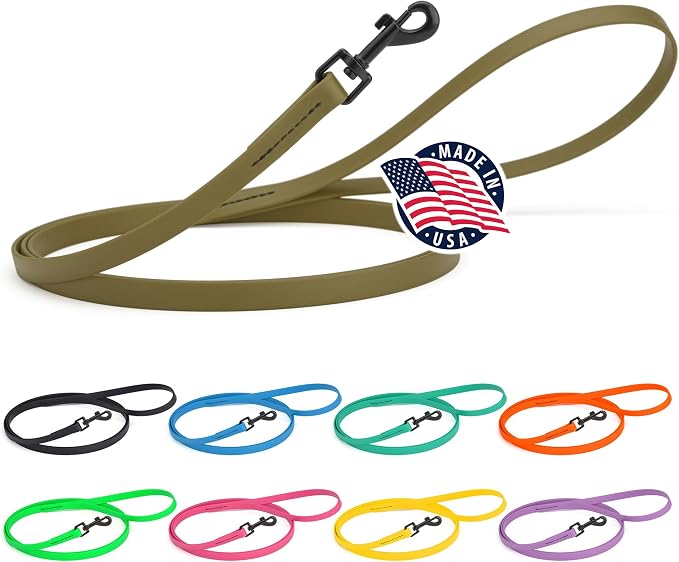 Dogline Biothane Waterproof Dog Leash Strong Coated Nylon Webbing with Black Hardware Odor-Proof Easy to Clean High Performance for Small or Large Dogs Made in USA 4 or 6 ft Lead, Olive Drab Green