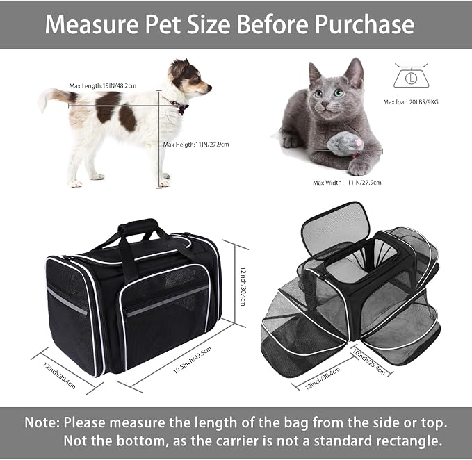 TSA Airline Approved Large Pet Travel Carrier,4 Sides Expandable with 2 Mesh Pockets,3 Entry, Soft Sided Collapsible Dog Carrier for 2 Cats,Kittens,Puppies,Dog, X-Large, Black & White