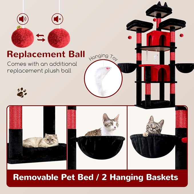 Globlazer Big Gothic Cat Tower for Indoor Cats, 68 inch Cat Tower for Multiple Adult Cats XL Cat Tree with Scratching Post, 3 Perches, 2 Condos, 2 Basket, Removable Pet Bed, F68B, Black Red