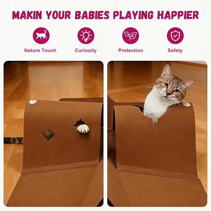 Cat Tunnel Play Mat for Indoor Cats, Felt Interactive Pet Toy with Hidden Ball, Enrichment Activity Rug, Collapsible Cave for Kittens & Small Pets (Brown)