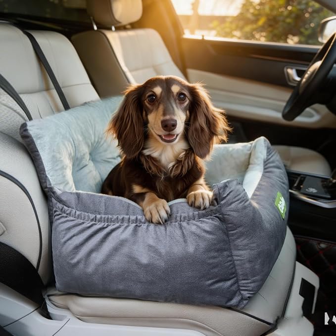 Dog Car Seat with Safety Clip & Pockets for Small Dogs | up to 25lbs, Soft Comfy Pet Carseat, Fully Washable Travel Dog Car Bed, with Detachable Cushion