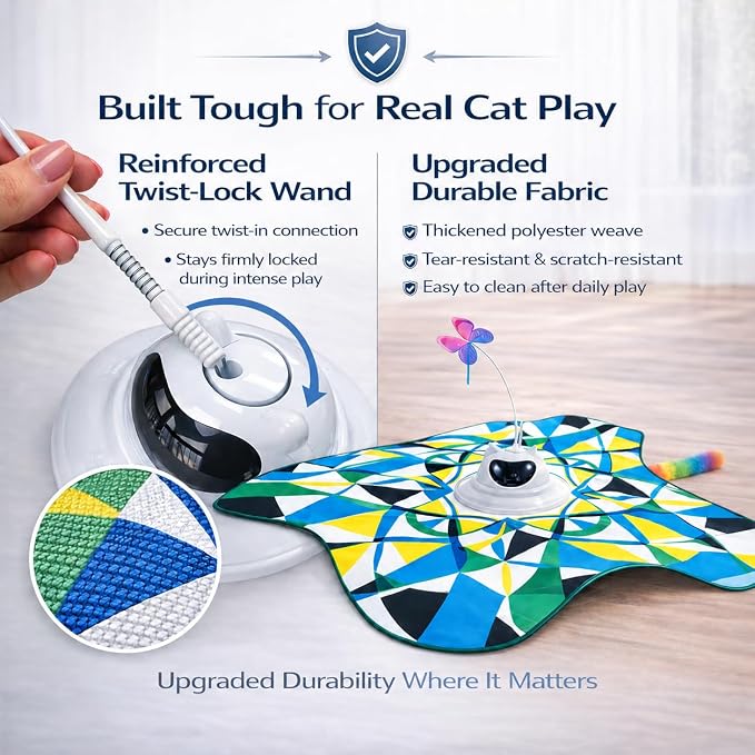 Interactive Cat Toy for Indoor Cats, Rechargeable 3-in-1 Hide & Seek Toy | Touch Activated, Spinning Butterfly, Plush Tail, Ultra Quiet, Rechargeable, Non Slip Base, Self Play for Adult Cats & Kittens