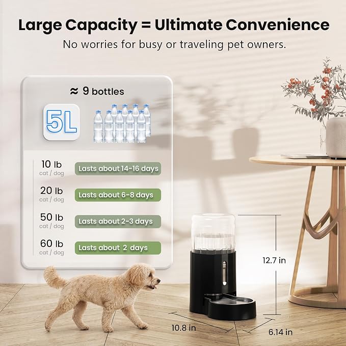 CZPET Automatic 5L Filter Dog and Cat Water Dispenser (Black) | Gravity Waterer with Stainless Steel Bowl, Large Capacity and Drinking Area Noise-Free for Pets