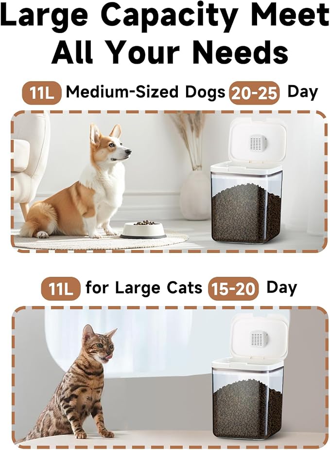 15 lb Airtight Pet Food Storage Container, 11 L, White | 11 L BPA-free bin with airtight pop-lock lid keeps up to 15 lb of dry dog or cat food, treats, rice, flour, or cereal fresh.
