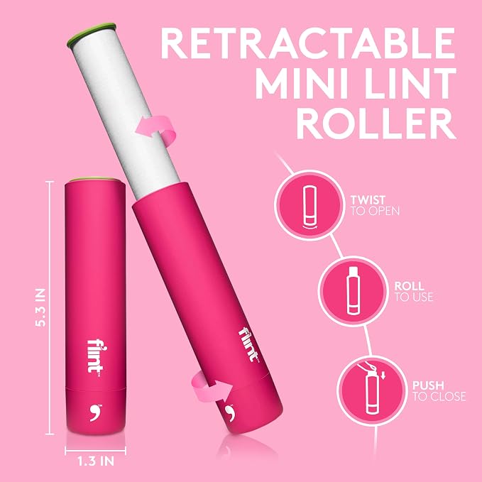 Classic Pink Retractable Mini Lint Roller with 90 Extra Sticky Sheets, Small and Portable Lint Roller, Ideal Pet Hair Remover, Travel Lint Rollers for pet Hair Extra Sticky