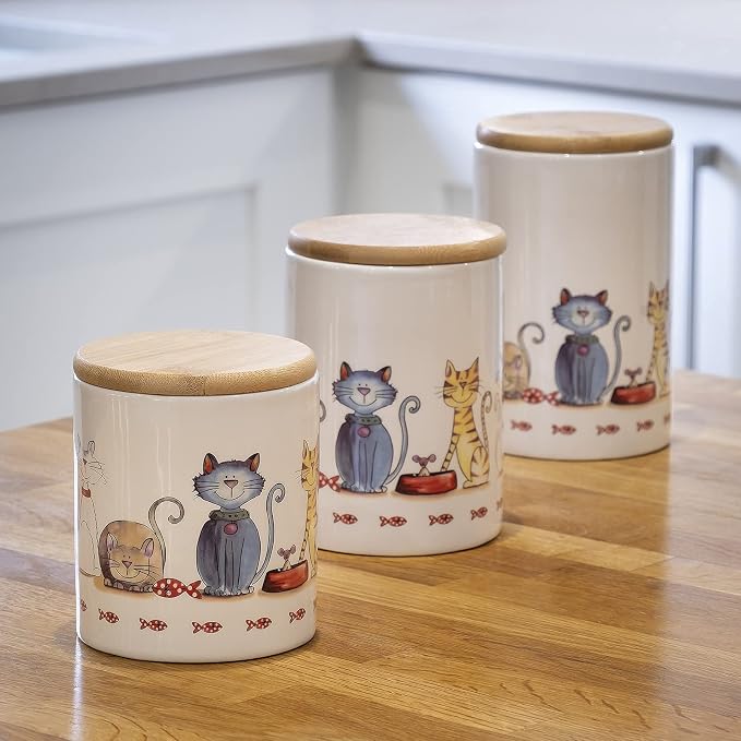 SPOTTED DOG GIFT COMPANY Canisters Sets for the Kitchen Countertop, 3-Piece Airtight Ceramic Food Storage Containers with Lids for Coffee Tea Sugar, Gifts for People Who Love Cats
