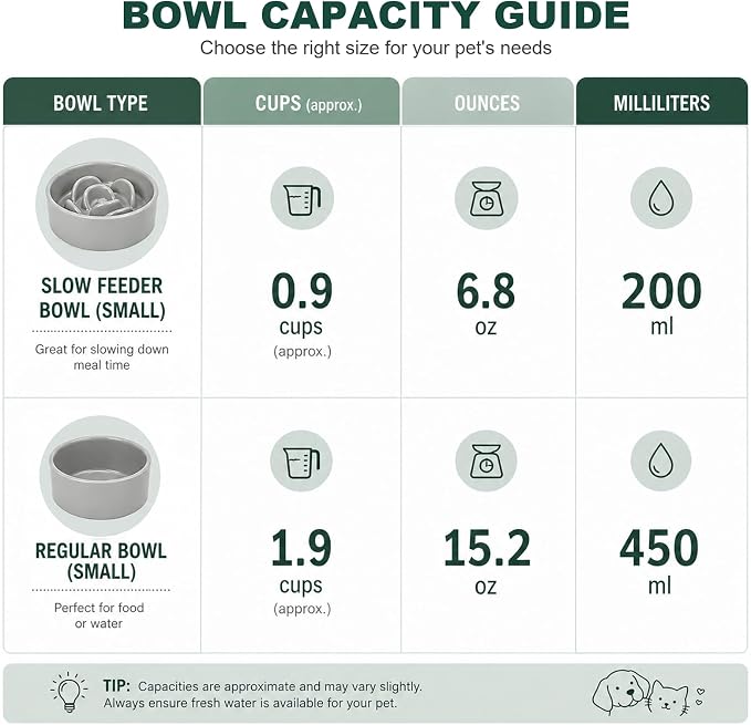 Ceramic Slow Feeder Dog Bowls with Raised Stand, 0.9 Cups Elevated Slow Feeding Bowl for Small Dogs and Cats, Non-Slip Pet Food Dish Helps Reduce Gulping and Bloating