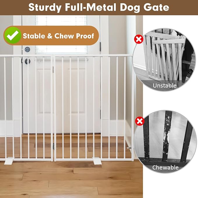 Full Metal Freestanding Dog Gates 2 Panels 32" Tall Up to 48" Wide | White Dog Gate for Indoor & Outdoor, Extra Wide Free Standing Dog Barrier No Drilling Pet Gates for Doorways, Stairs, Deck