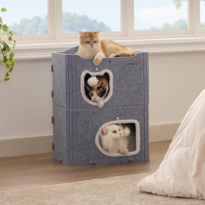 Joydeco Cat House for Indoor Cats, 2 Story Scratch Resistant Felt Cat Condo, Hideaway Pet Cave Bed with Fluffy Ball and Tunnel for Kitten, Small Dogs, Rabbits, 17.7 x 13.3 x 24, Grey