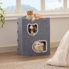 Joydeco Cat House for Indoor Cats, 2 Story Scratch Resistant Felt Cat Condo, Hideaway Pet Cave Bed with Fluffy Ball and Tunnel for Kitten, Small Dogs, Rabbits, 17.7 x 13.3 x 24, Grey