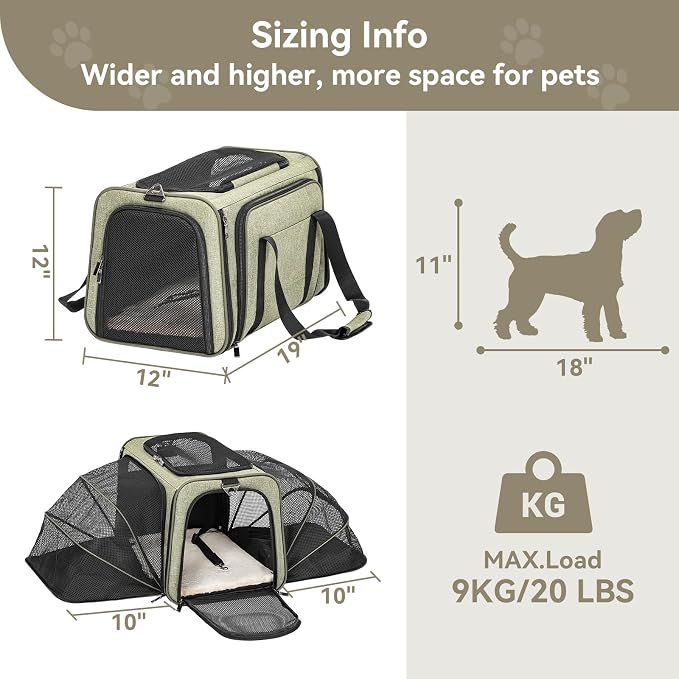 Petsfit Large Double Expandable Cat Carrier for Large Cats and Small Dogs | 19 x 12 x 12 in; dual-side expansion for large cats and small dogs, with anti-sag frame and locking zippers; up to 18 lb.