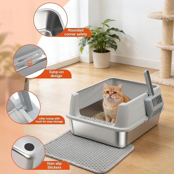 Stainless Steel Litter Box with Lid,Kitten Litterbox for Small Cats | Low Entry Cat Litter Box,Metal Kitty Litter Box with Scoop and Mat,Non-Stick,Odor-Free,Easy to Clean