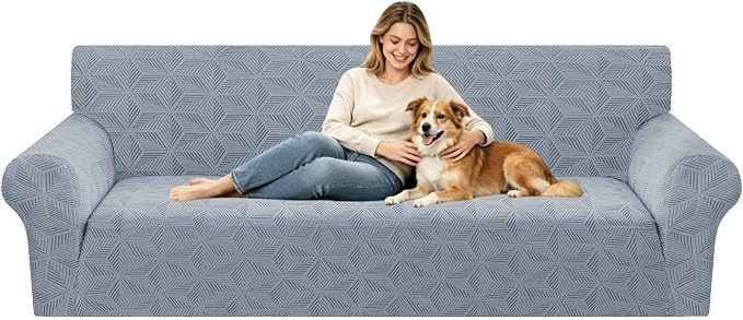 ZNSAYOTX Stretch Couch Cover, 1 Piece Oversized Sofa Covers for 3 Cushion Couch, Jacquard Sofa Slipcovers with Elastic Bottom Thickened Furniture Protector for Dog Cat Pet (X-Large, Light Grey)