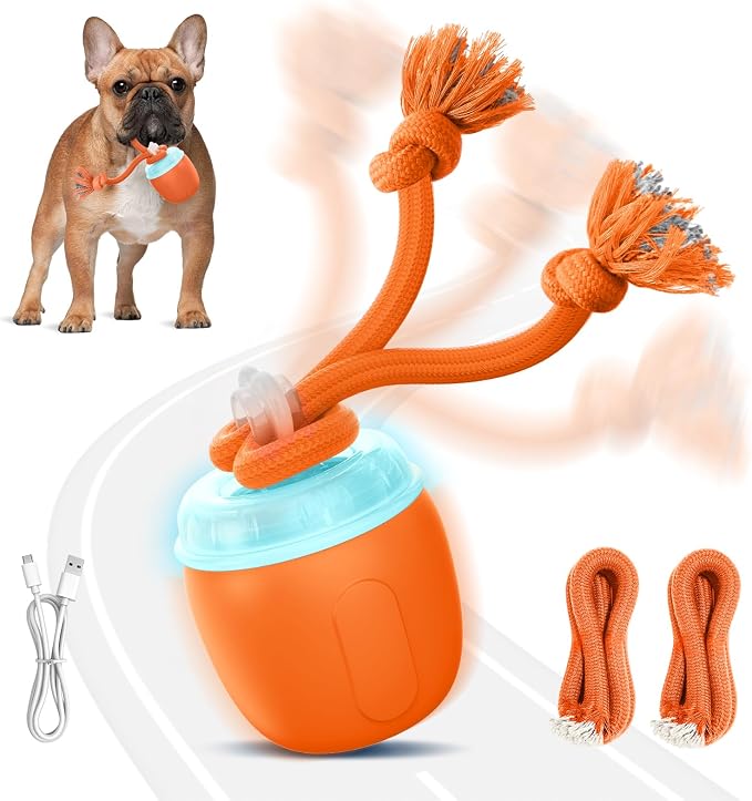 Interactive Dog Toys, Automatic Moving and Rolling Dogs Toy with Rope for Medium Large Dogs, Motion-Activated Dog Ball to Keep Them Busy(Orange)