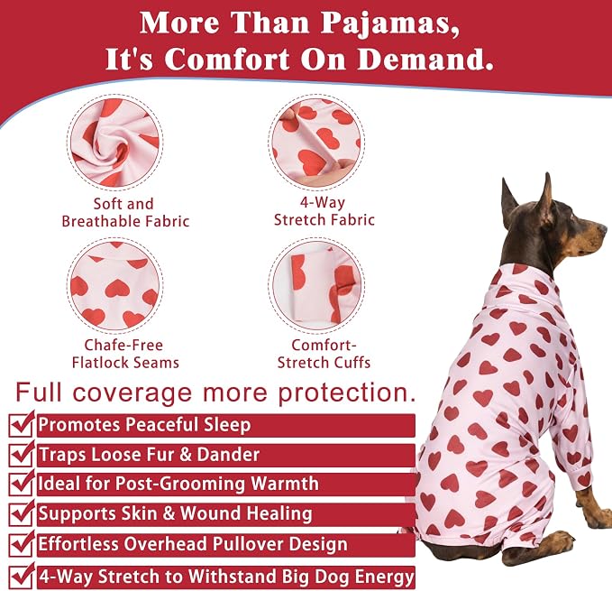 Dog Pajamas for Large Dogs, Soft Stretchy Lightweight Dog Onesie with Red Heart Print, Breathable Full Body Dog PJs for Recovery, Sleeping & Calming (4XL, 75–95 lbs)