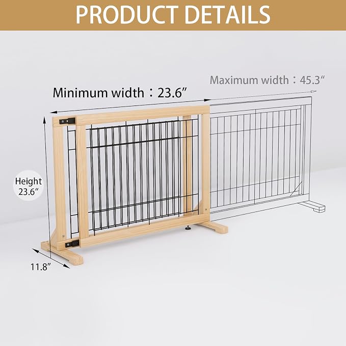 YOCAN Adjustable Freestanding Dog Gate for Doors & Stairs, 23.6" Tall, 23.6–45.3" Wide, Wood & Metal Pet Gate, No Drill Pressure Mount, Indoor Safety Barrier (Black/Natural)