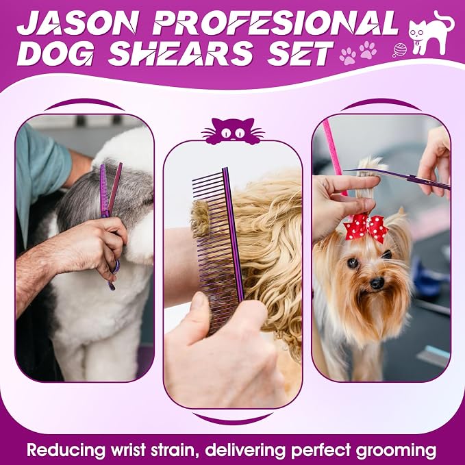 JASON Dog Grooming Scissors Set - Professional 6 in 1 Purple Shears Kit | 6.5" Thinning, 7" Straight, 7" Up-Curved, 7" Down-curved Scissors and Comb for Cat Pet with Adjustable Screw, Gift