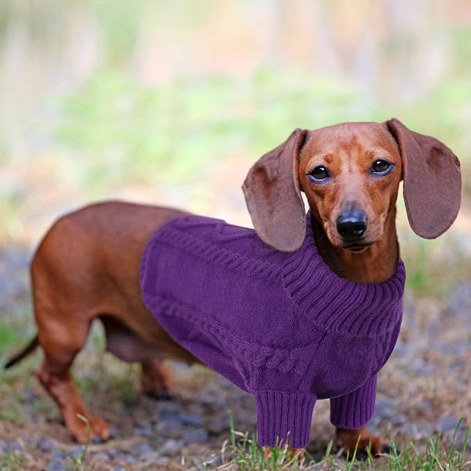 Queenmore Small Dog Pullover Sweater, Cold Weather Cable Knitwear, Classic Turtleneck Thick Warm Clothes for Chihuahua, Bulldog, Dachshund, Pug (Purple, X-Small)