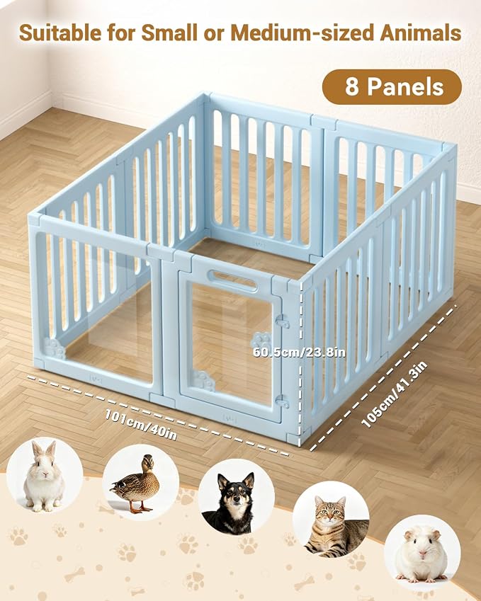 Acrylic Indoor Dog Playpen, 24" H 8 Panels DIY Puppy Playpen, Blue | Indoor & Outdoor Dog Play pen with Heavy Duty Door Lock, Easy-Assembly&Clean Door Pet Fence for Dogs Puppy,Cats,Rabbits