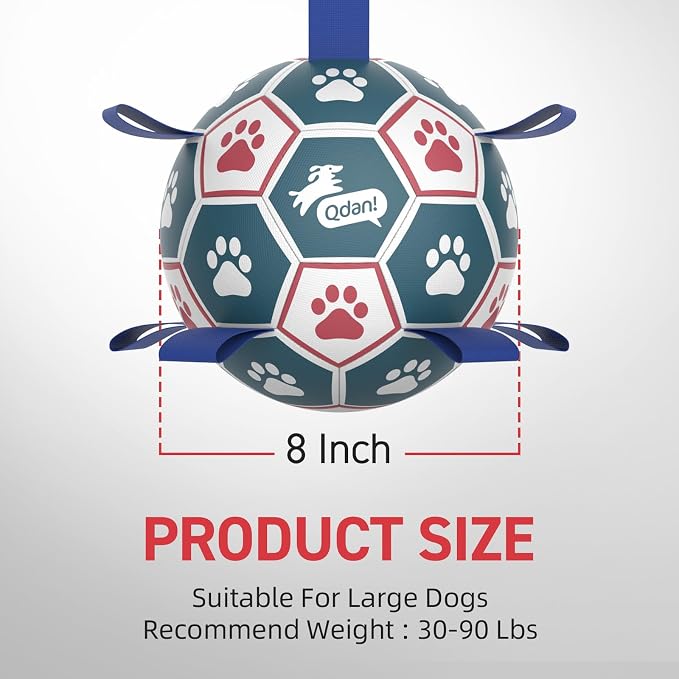 QDAN Large Dog Toys, 8 Inch Durable Balls for Dogs, Soccer Ball with Straps | Outdoor Herding Balls for 30-90 lbs Aggressive Chewers, Interactive Soccer Toy for Tug of War, Dog Ball to Keep Them Busy