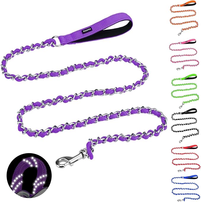 HOMIMP Chew Proof Dog Leash for Medium Large Dogs, Reflective 6 FT Heavy Duty Metal Chain Dog Leashes with Soft Padded Handle, Anti Bite Durable Rope Leashes for Pitbull, Non Chewable