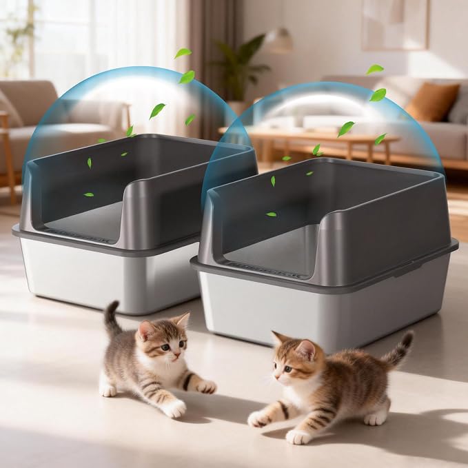 KITCATY 2PACK Stainless Steel Cat Litter Box, 17" L x 13" W x10 H Metal Kitty Litter Box with Lid, Suitable for Small and Medium-Sized Cats Never Absorbs Odors, Leak-Proof, Non-Sticky, Easy to Clean