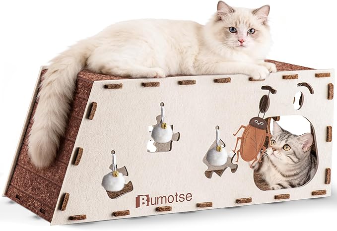 Cat Tunnel House for Indoor Cats, 3-in-1 Felt Cave and Scratcher | Fits 12–22 lb pets, reinforced top supports lounging, joins two units into a 47-inch play zone, includes two catnip bell toys