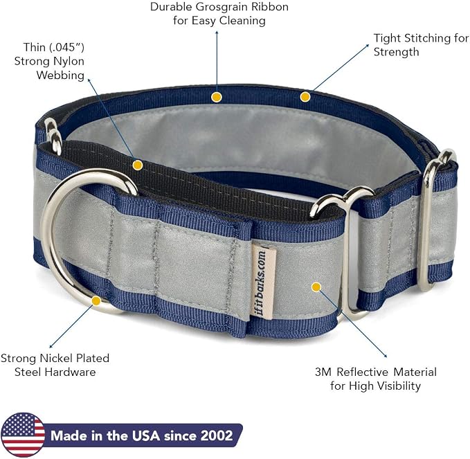 If It Barks - 1.5" Reflective Martingale Collar for Dogs - Adjustable - Made in USA - Strong, Durable, and Comfy - Ideal for Training - Suitable for Most Breeds - Medium, Navy