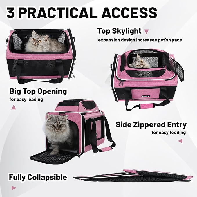 Top-Expandable Cat Carrier 18x11x11, United Delta American Airline Approved | Soft-Sided Small Dog Pet Carry Bag Travel Under-Seat in Cabin, Puppy Airplane Crate 10lbs TSA Plane Kitten Cage Kennel Pink