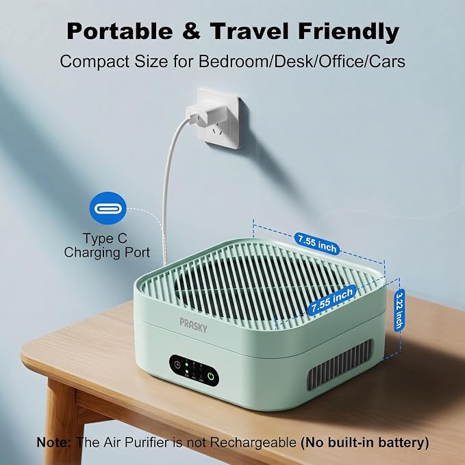 Air Purifiers for Home, 2 Filter, Plug-in, Quiet H13 True HEPA Purifier Car | Portable, Travel/RV/Desk/Bedroom/Office, 600 Ft², Captures Smoke/Odor/Pet Dander, Timer, USB Powered - Green