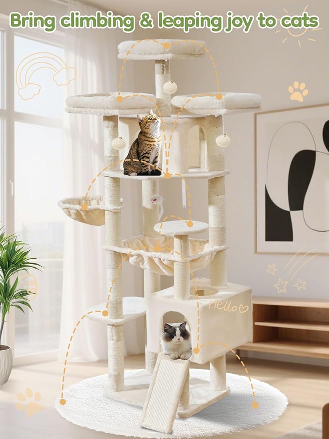 Taoqimiao Tall Cat Tree, 76In XL Cat Tower for Large Cats, 3 Padded Perches | Oversized Metal Hammock, 2 Big Condos, 1-Piece Ramp Scratcher, 7 Natural Sisal Posts, Hanging Basket, Beige, MS047M
