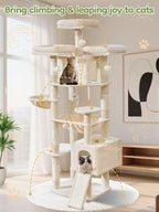 Taoqimiao Tall Cat Tree, 76In XL Cat Tower for Large Cats, 3 Padded Perches | Oversized Metal Hammock, 2 Big Condos, 1-Piece Ramp Scratcher, 7 Natural Sisal Posts, Hanging Basket, Beige, MS047M