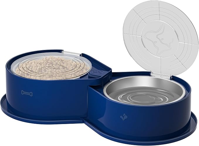 Newget 304 Stainless Steel Dog Bowl Set with Lids, 24oz Foldable Pet Dishes | Dual Food & Water Pet Bowl, Anti-Skid, Keeps Food Fresh, Easy to Install, for Small - Large Dogs/Cats - Indoor & Outdoor Use