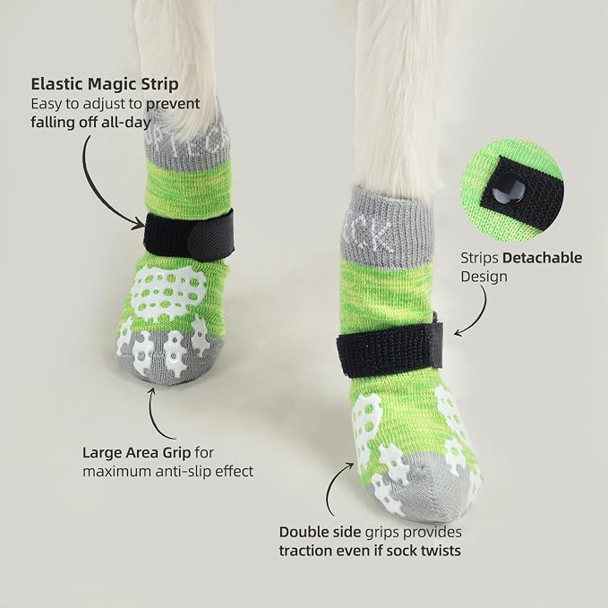 PUPTECK Anti-Slip Dog Socks with Double Sides Grips for Small Medium Large Dogs Hardwood Floors Prevents Licking, Dog Shoes for Hot Pavement Traction Control for Senior Dogs, Fluorescent Green, XS