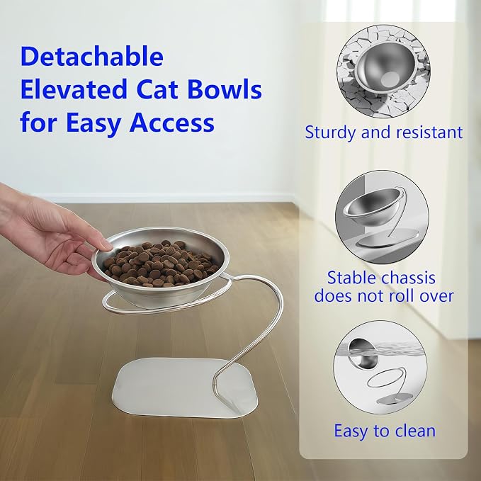 Elevated Cat Food Bowl 15° Tilt Stainless Steel for,2PC | Elevated Cat Bowls, detachable stand, and stainless steel bowl. Reduces neck strain, slows eating, prevents spills