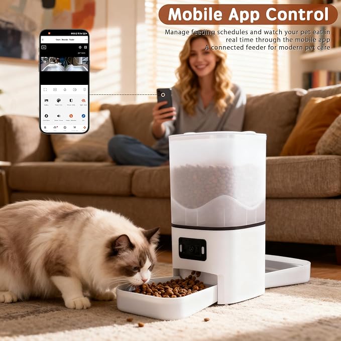 Automatic Cat Feeder with Dual HD Cameras for 2 Cats, Smart WiFi Pet Feeder with APP Control, Timed Feeding & Portion Control, 2-Way Audio, Night Vision, 5GHz/2.4GHz WiFi, 6L