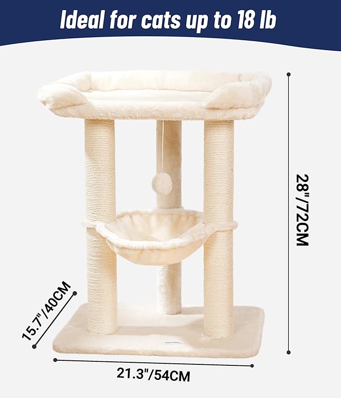 Happi N Pets Cat Tree, Cat Scratching Posts with Large Bed for Big Cats | Small Cat Tower, 28" Tall For Window Viewing, 23.6"x15.7" Cat Perch Bed, Cat Hammock, Removable Cover, Solid Structure, Beige