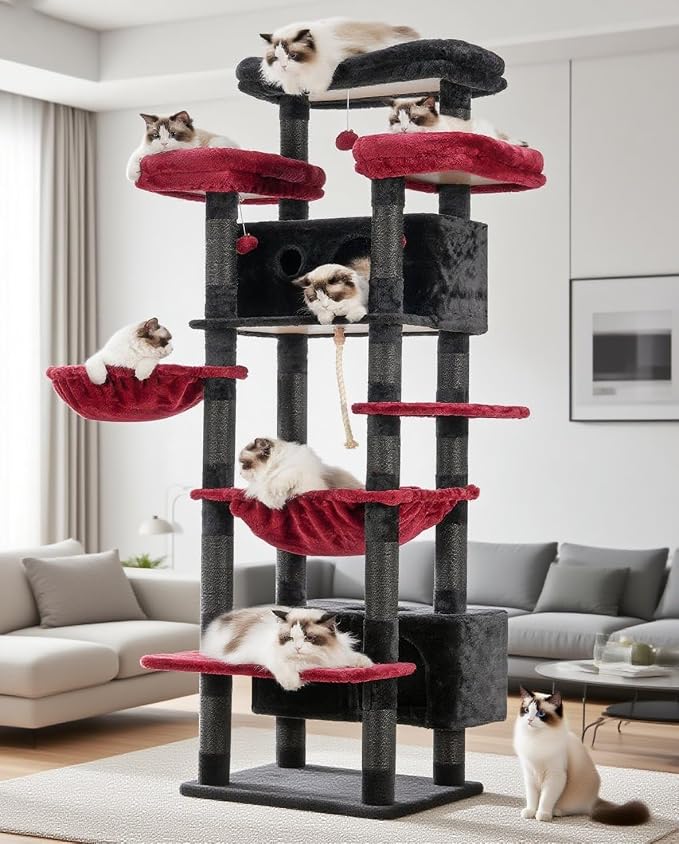 Gitelsnour Cat Tree, 74" Tower for Large Cats, Big Condo Hammock CCT030BR | Heavy duty, 3 Big Platforms, 2 Baskets, 2 Condos, Multi-Level Cat Scratching Posts, Indoor Cats Large Adult, Black and red