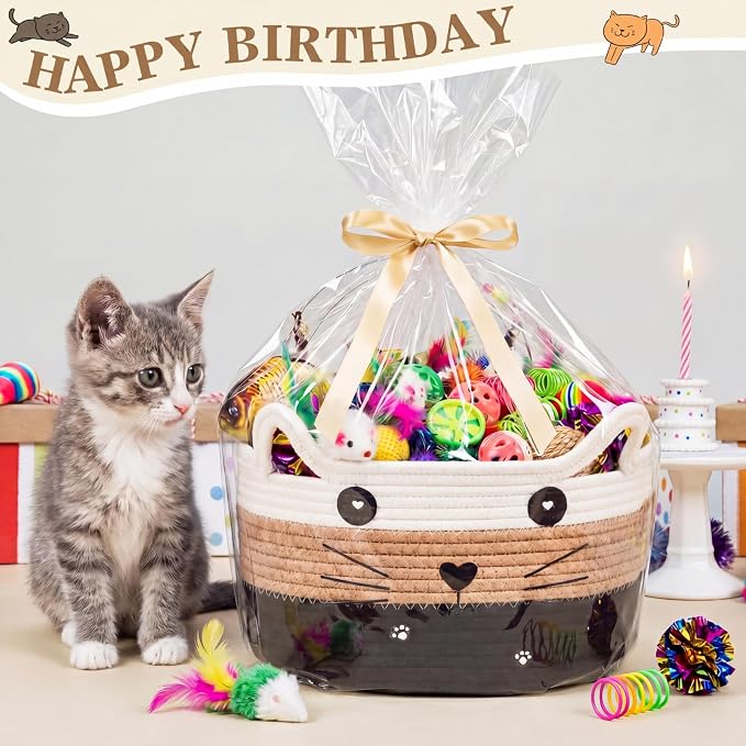 Zopeal 76 Pcs Cat Storage Basket Gift Toys Set Interactive Cat Toys Kitten Wand Colorful Flashing Balls Pet Crinkle Balls Attract Kitten to Swat, Hunt for Pet Indoor(White,Coffee,Black)